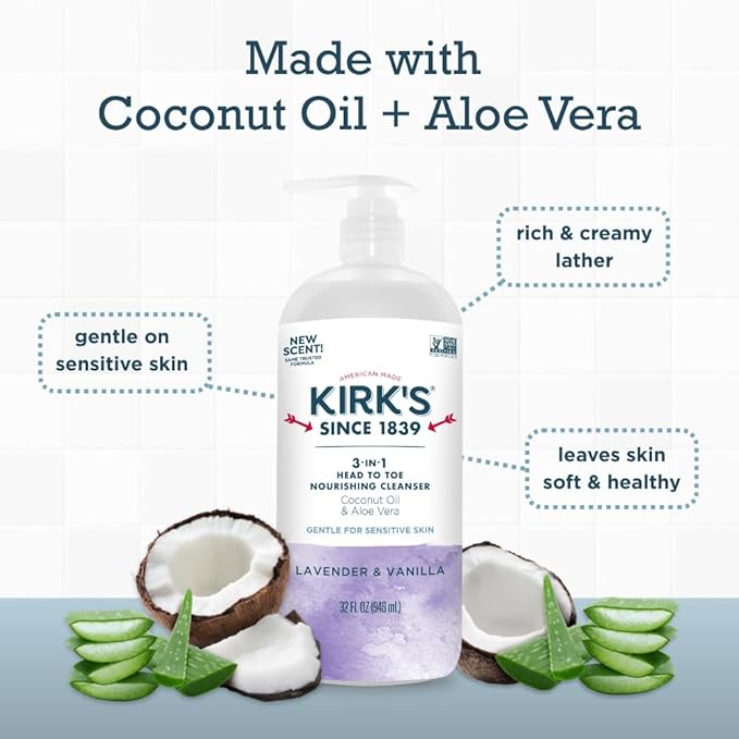 Kirk's 3-in-1 Head to Toe Nourishing Liquid Cleanser- for Men, Women & Children - Premium Coconut Oil & Aloe Vera- Non GMO & Vegan - Lavender and Vanilla - 32 Fl Oz. - 2 Pack
