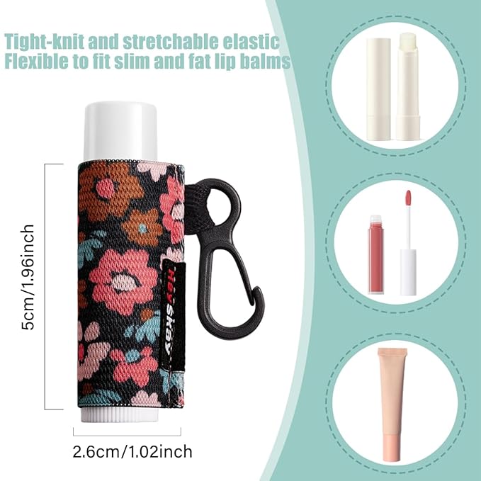 HEYSKAY 10PCS Lip Balm Holder Sleeves Keychain Compact Clip On Lipstick Chapstick Lip Gloss Elastic Sleeves, Floral Patterns