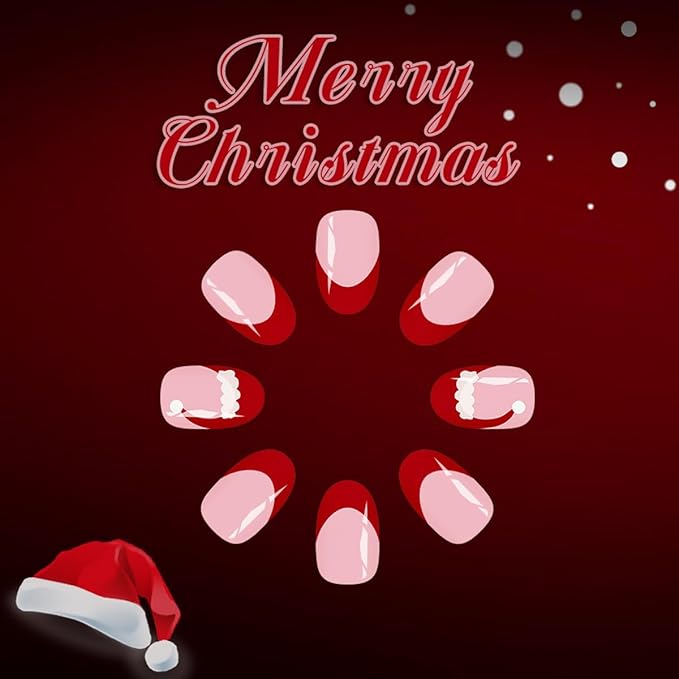 Christmas Press on Nails Red French Tip Fake Nails with Hat Design Short Almond Glue on Nails Glossy Full Cover Artificial Acrylic False Nail Xmas Stick on Nail for Women Manicure 24Pcs