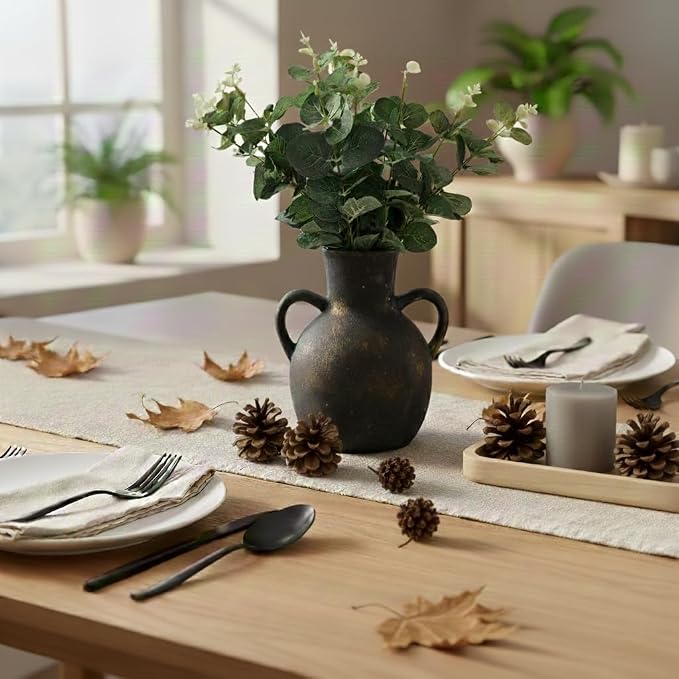 SIDUCAL Rustic Ceramic Farmhouse Flower Vase with 2 Handles, Terracotta Vase, Decorative Pottery Flower for Home Decor, Table, Wedding, Living Room, Shelf Decor, 7.3 Inch, Black Bronze