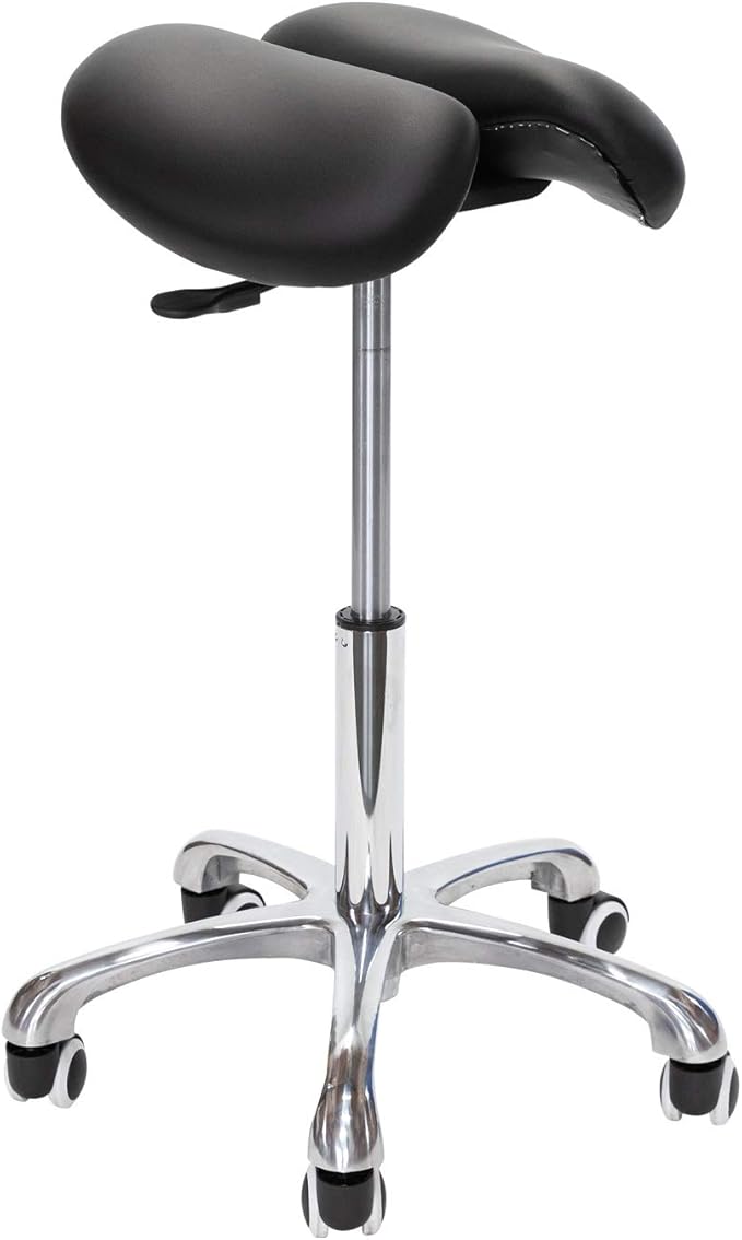 Saddle Stool with Wheels Rolling Chair - Ergonomic Split Seat Design, 360° Swivel Mobility, and Heavy Duty Adjustable Height - Professional Salon, Massage & Esthetician Spa Stool - (Black)