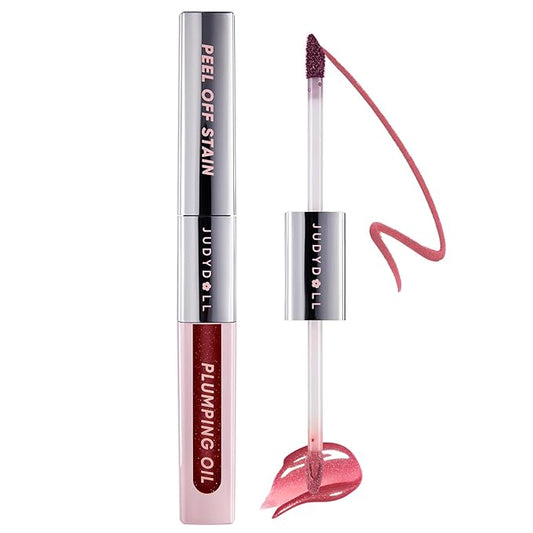 JUDYDOLL Peel Off Stain and Plumping Oil Duo - Long-Lasting Lip Stain with 3D Plumping Gloss, Hydrating and Non-Sticky Formula, Macaron-Inspired Lipstick (#01 Rosy Pearl)