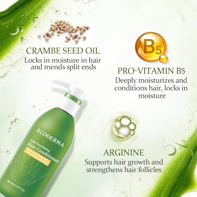 Aloderma Aloe Nourishing Hair Conditioner 16oz - Fresh, Organic Aloe Vera (No Water Added) + Crambe Seed Oil for Dry, Damaged Hair - Naturally Hydrate & Nourish for Soft, Shiny, & Healthy Hair & Scalp
