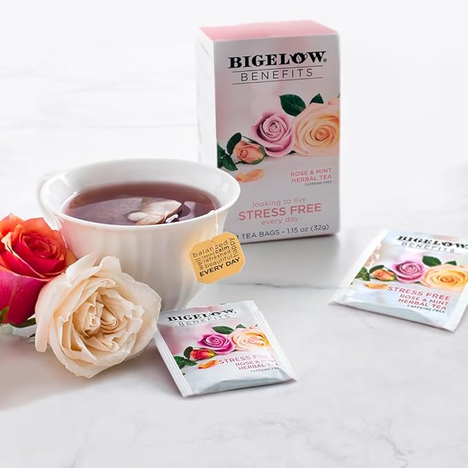 Bigelow Benefits Stress Free Rose & Mint Herbal Tea, Caffeine Free, 18 Count (Pack of 6), 108 Total Tea Bags
