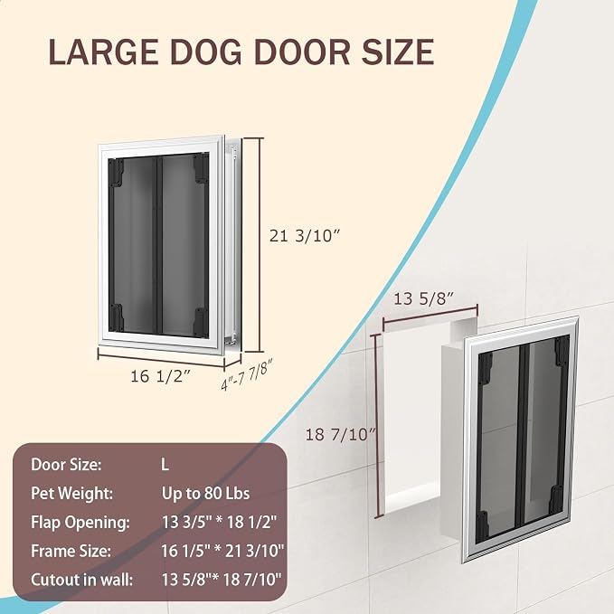 Dog Door for Wall, Energy Efficient French Doggy Door with Aluminum Frame, Telescoping Tunnel, Magnetic Flaps and Sliding Lock Panel, Easy Install for Walls 4"- 7 7/8" Thick, Large (up to 80 lbs)
