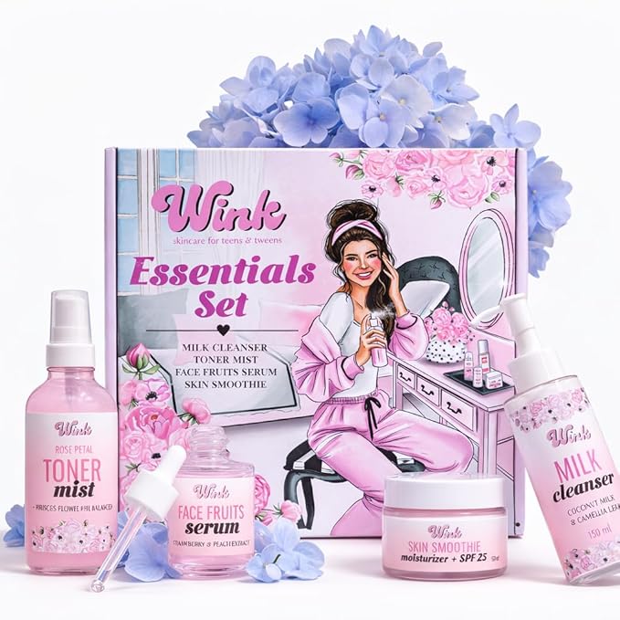 Wink Skin Care Kit for Teens | Plant-Based Facial Kit for Girls & Tweens, 4-Piece Set with Milk Cleanser, Rose Petal Toner, Face Fruit Serum & SPF Moisturizer, Mom-Approved Essential Kit for Young