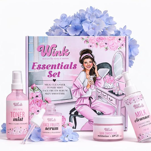 Wink Skin Care Kit for Teens | Plant-Based Facial Kit for Girls & Tweens, 4-Piece Set with Milk Cleanser, Rose Petal Toner, Face Fruit Serum & SPF Moisturizer, Mom-Approved Essential Kit for Young