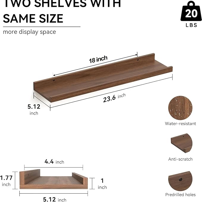 Boswillon Floating Shelves Set of 2, Long Wall Shelf with Lip, 24in, Walnut | Display Ledge Shelf for Room Wall, Wall Decor Shelves for Bathroom, Living Room, Bedroom, Kitchen, Nursery Room, Rustic, Wood