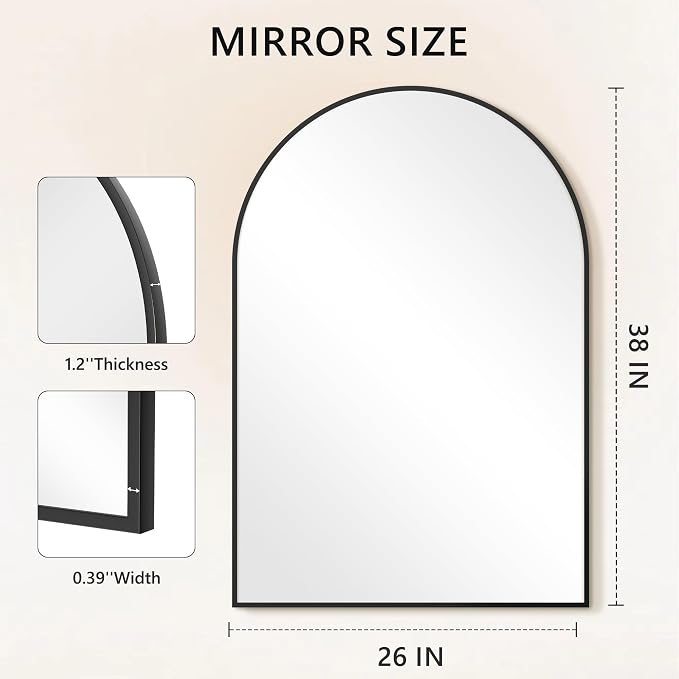 Arched Bathroom Mirror for Wall, 38" x 26" Metal Frame Vanity Mirror, Black | Aluminium Alloy Frame, HD Shatterproof Glass, for Bathroom Over Sink , Entryway, Bedroom, Living Room