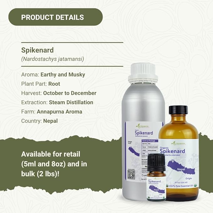 Organic Spikenard Essential Oil - Direct from Annapurna Aroma Nepal - Steam Distilled - Aceite de Nardo for Aromatherapy, Massage, Diffuser, DIY Candle and Soap Making - 2lbs