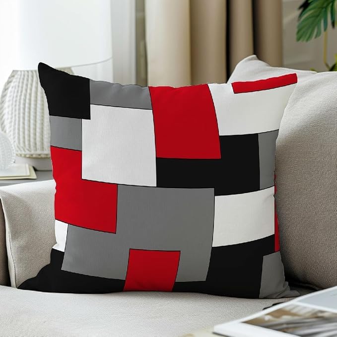 Modern Art Geometric Pillow Cover, Decorative Throw Pillow Covers Red Black Grey Abstract Artwork Cushion Cover for Bedroom Sofa Living Room 16 x 16 Inch Set of 2