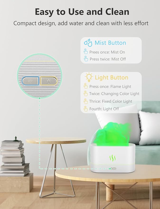 PIZAY Air Humidifier, Essential Oil Diffuser with Led Flame Light - 7 Colors, 180mL Capacity (8 Hours), Noiseless Operation, Auto-Off Protection - Perfect for Home Bedroom Office Gifts(White)