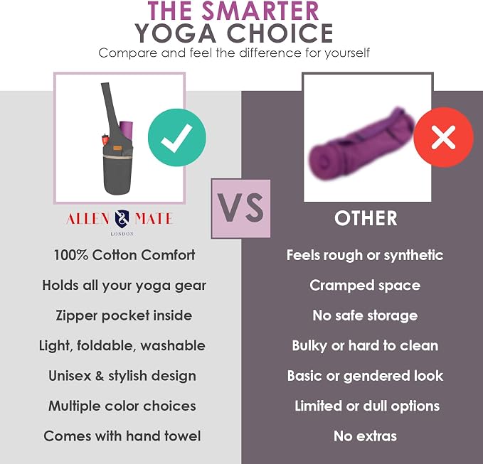 ALLEN & MATE 100% Cotton Canvas Yoga Mat Bag - Shoulder Strap Carrier Large Size Pocket Zipper Storage Yoga Bag holds more Accessories & Pilates Mats