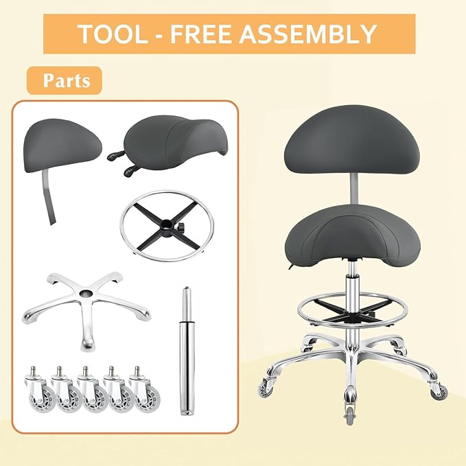 Saddle Stool Chair with Back Support Footrest, Heavy-Duty(350LBS), Hydraulic Rolling Swivel Adjustable Stool Chair for Salon Spa Beauty Massage Dental Clinic Home Office Use(Grey)