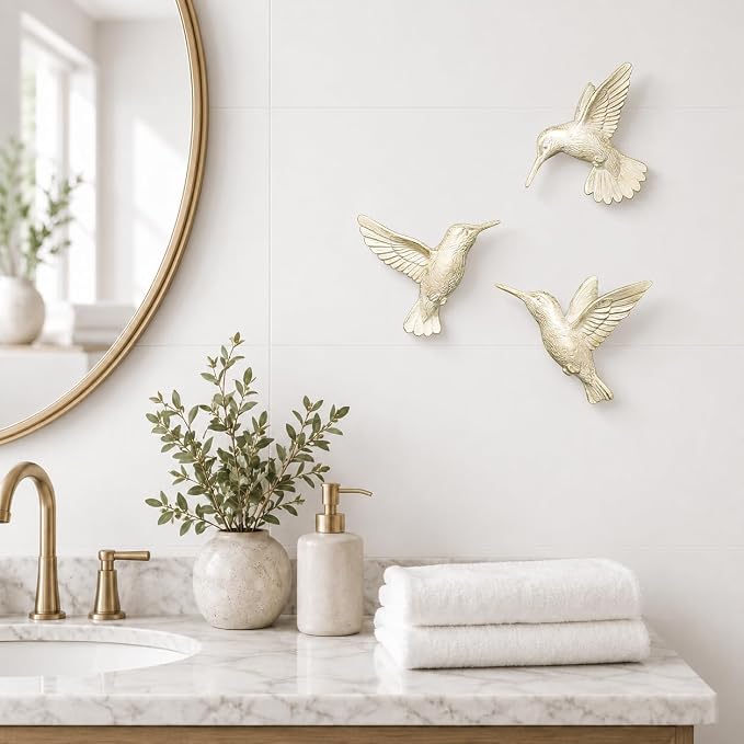 GUSFREUD 3D Hummingbird Wall Decor Set - Gold Resin Bird Wall Decor for Living Room, Bedroom and Gallery Walls - Ivory Gold - Set of 3