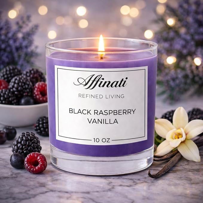 Black Raspberry Vanilla Affinati 10 oz Scented Candle for Home – Long Lasting Fruity Soy Blend Candle with Wooden Wick, Strong Scent Throw Glass Jar Candles, Premium Clean Burning Aromatherapy Gifts