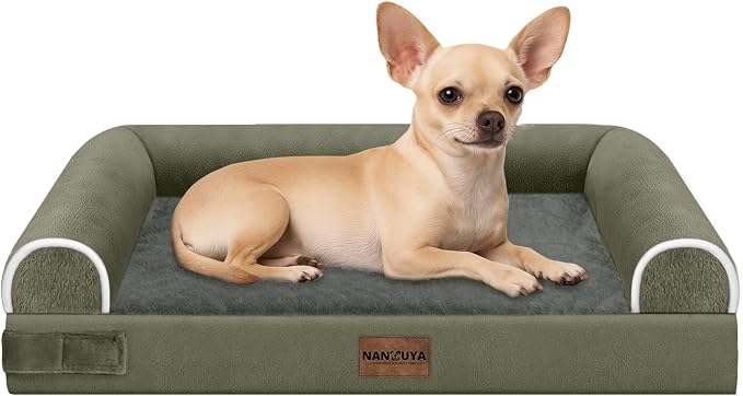 Orthopedic Dog Bed for Small Dogs, 24 x 16 Inch, Dark Green | Egg crate foam for joint support, 3-sided bolster pet sofa, waterproof lining, washable cover, and non-skid base