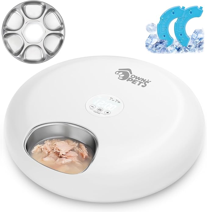 Ownpets Automatic Wet Food Feeder, 6 Meals Auto Dispenser with Timer | Stainless Tray, 2 Ice Packs, Cordless Design, 30-Day Battery Rechargeable, For Cats & Small Dogs, Easy Clean, White