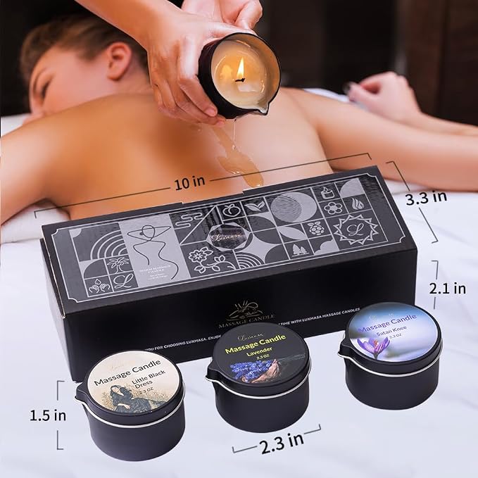 Massage Oil Candle 3 Pack, Warming Skin Moisturizing Body Lotion Oil for Skin Care, Soy Wax Low Temp Candle for Home SPA, Amazing Gift Set,6.9 OZ (Lavender,Little Black Dress,Satan Knee)