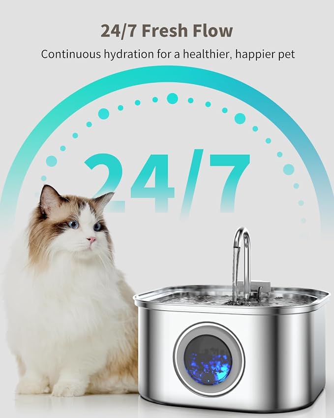 Stainless Steel Cat Water Fountain - 3.2L/108oz Cat Drinking Fountain | Quiet Cat Fountain for Indoor Cats and Small Dogs, Automatic Pet Water Dispenser Keeps Fresh Water
