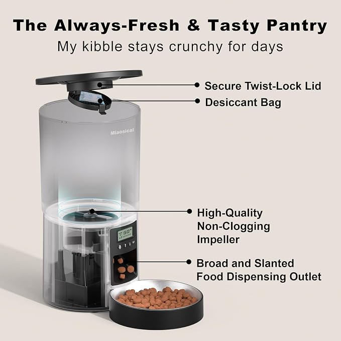 Automated Cat Feeder,Clear 4.2L Dry Food Dispenser with Single Bowl,Programmable Timed Pet Feeder for Up to 6 Daily Meals,10-Second Voice Message & Dual Power Backup (Black, 4.2L Press Version)