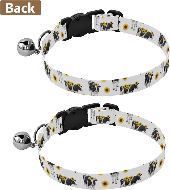 Black White Cows Yellow Sunflowers Bell Collar for Small Dogs 2 Pack Cat Collars Adjustable Length 10.6" to 17.1"