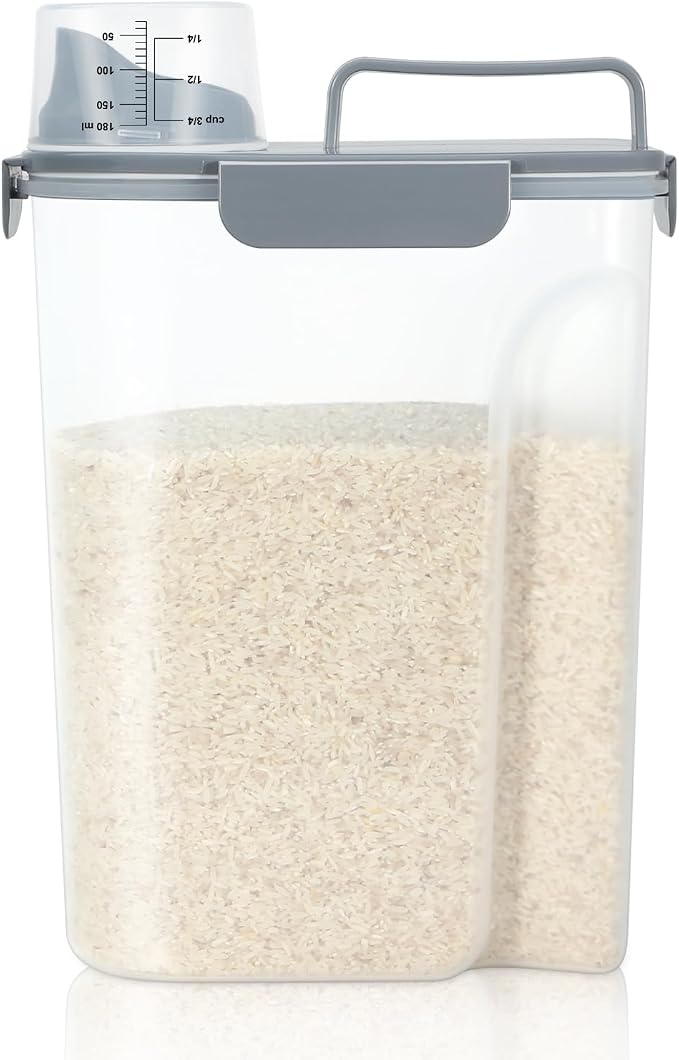 LEAWALK Airtight Rice Storage Container, 7-10Lbs Cereal Dry Food Flour Bin, Pet Dog Cat Food Dispenser with Measuring Cup, BPA Free Plastic Kitchen and Pantry Organization Bin for Sugar-Gray