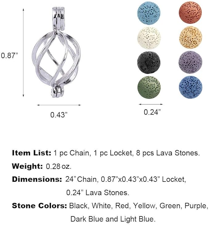 Essential Oil Diffuser Necklace Twisted Ball Aromatherapy Locket Pendant with 8 Lava Stone Balls 0.24'
