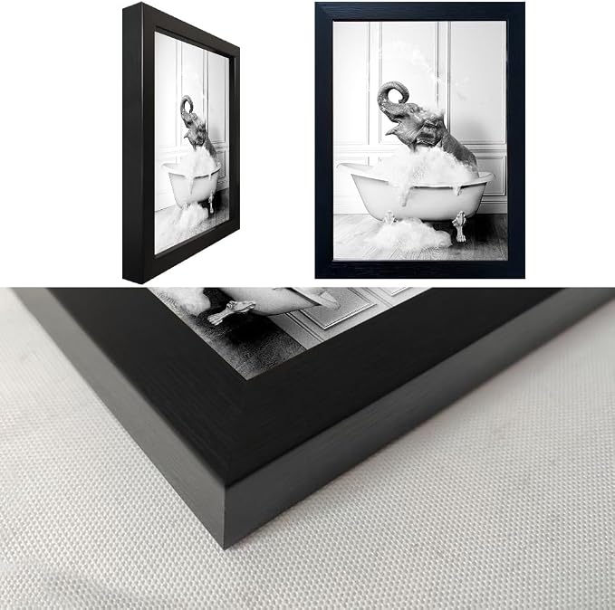 Framed Bathroom Art Wall Decor Elephant in Bathtub Decor Funny Black and White Animal Canvas Print Paintings for Bathroom