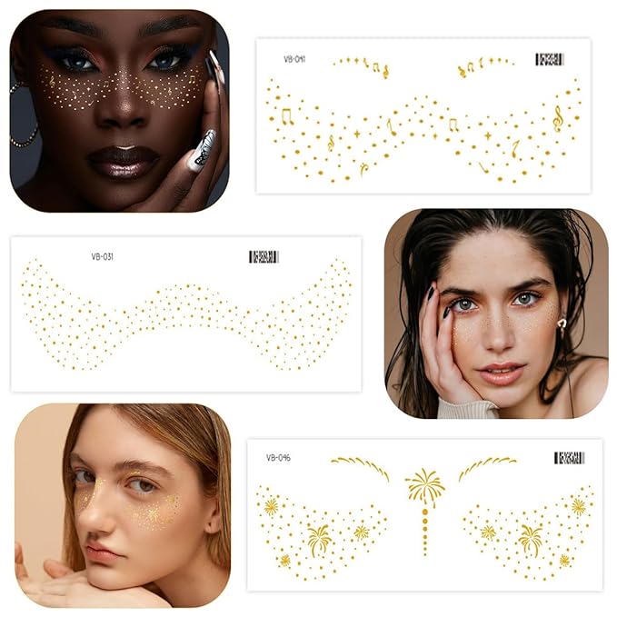 Gold Glitter Freckles Face Tattoo Makeup - Fake & Faux Freckles, Sparkle, Waterproof, Temporary Face Tattoos - Jewels & Stickers - 13 Sheets for Women