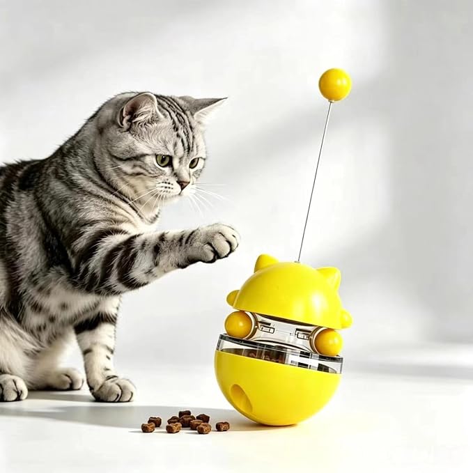 Cat Tumbler Interactive Treat Dispenser Toy, No-Electric Automatic Moving Cat Toy with Wand Ball, Slow Feeder & IQ Training Toy for Indoor Cats & Kittens, Yellow