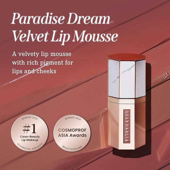 DEARDAHLIA Paradise Dream Velvet Lip Mousse (Guava) - Vegan Soft-Matte Lip Tint with Lightweight, Buildable, Long-Lasting Color, Whipped Mousse Texture. Cruelty-Free. 0.21 Fl oz