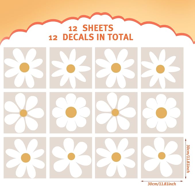 TaoBary 12 Sheet Daisy Wall Sticker Decal,White, Yellow,Novelty Style | Big Flower Wall Sticker, Pink White Floral Decal, Daisy Bedroom Room Decor, Removable Peel and Stick, Nursery Home Wall Decor