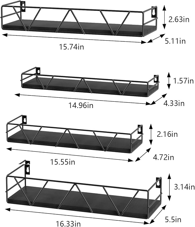 Floating Shelves Set of 4, Wood Wall Shelf, Farmhouse Shelf for Bedroom | Wall Mounted Floating Shelf for Living Room, Bedroom, Bathroom, Kitchen, Office