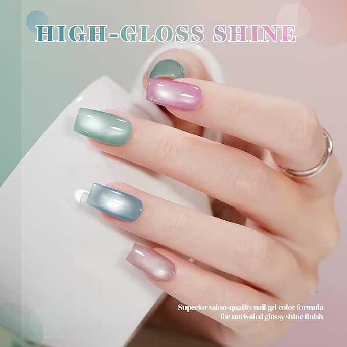 RARJSM Sheer Pastel Glaze Glassy Ceramic Cat Eye Gel Nail Polish Set 6Pcs Light Green Mint Sky Blue Nude Rosy Pink Lavender Mauve Moonlight Shimmer Cateye Gelpolish with Magnetic Stick Curing Require
