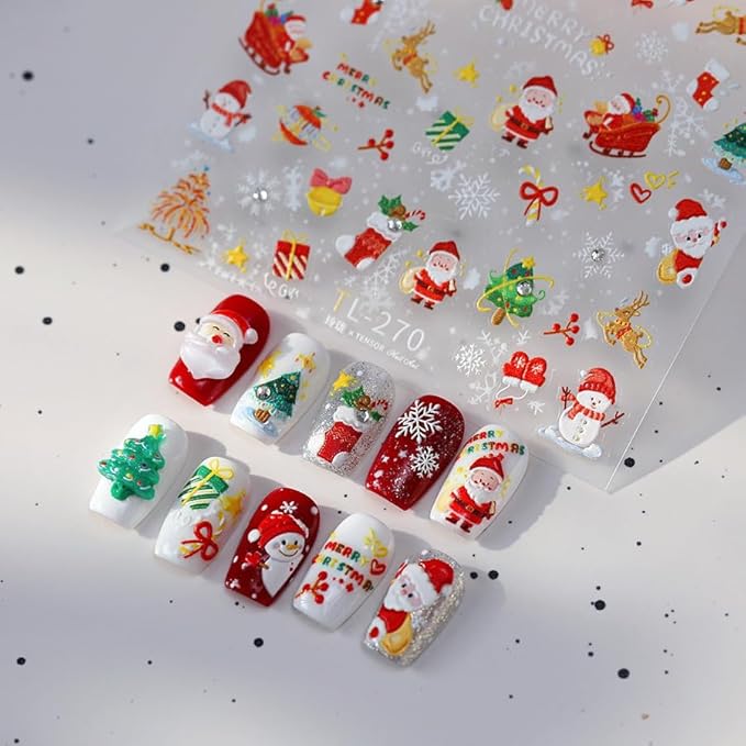 Christmas Nail Stickers for Nail Art, 5D Embossed Self-Adhesive Snowflake Socks Nail Decals, Mushroom Nail Supplies Nail Art Design Accessories for Women and Girls Manicure DIY Decoration
