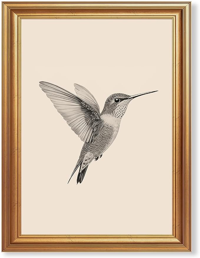 JLTULT Vintage Hummingbird Wall Art, Gold-Tone Framed Canvas, 12 x 16 In | Black-and-white hummingbird art on fade-resistant canvas with a ready-to-hang gold-tone PS frame for bedrooms and offices