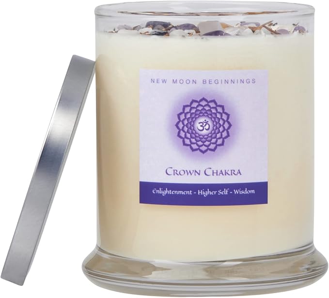 Crown Chakra Candle by New Moon Beginnings - Chakra Candles - Dried Flower, Herb, & Crystal Candles - Aromatherapy Candles - Soy Candle - 12oz Glass Jar