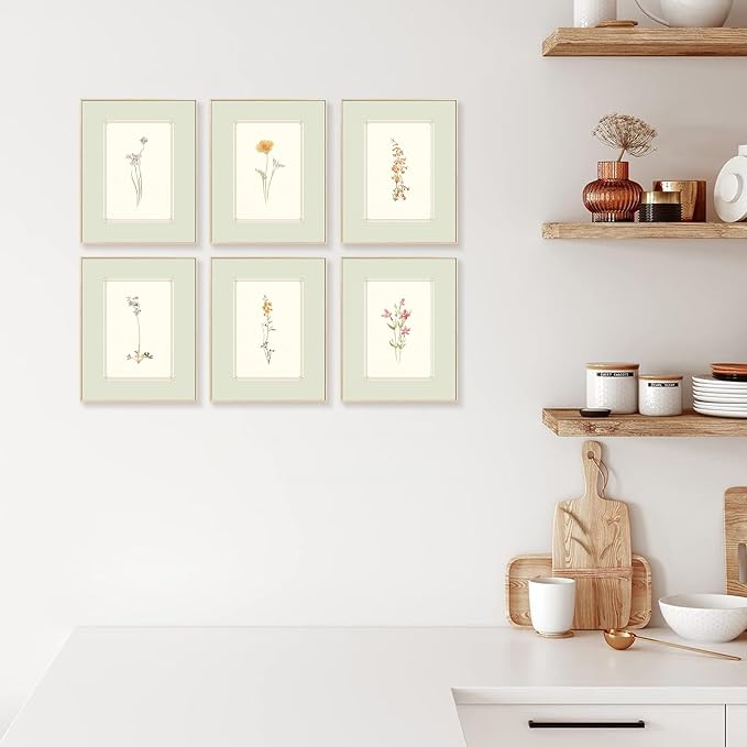 KBKBART Mint Green Floral Wall Art Set of 6 Unframed, Minimalist Abstract Flower Prints Watercolor Botanical Wildflower Wall Decor Canvas Painting, Boho Wall Decor for Bathroom, Living Room