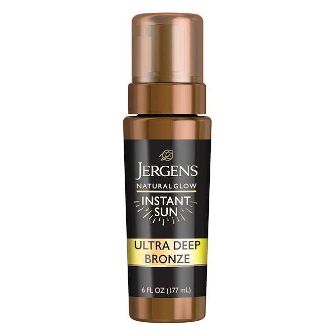 Jergens Natural Glow Instant Sun Body Mousse, Self Tanner for Ultra Deep Bronze Tan, Sunless Tanning Body Bronzer, Natural Looking Fake Tan, 6 Oz
