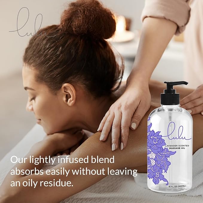 Lulu Lavender Massage Oil with Jojoba & Lavendar Oils, Nourishing Aromatic Non-Greasy Body Oil, Smooth Skin & Relaxation, Aromatherapy for Date Night, Couples Massage & Massage Therapy, 16 fl oz Pump