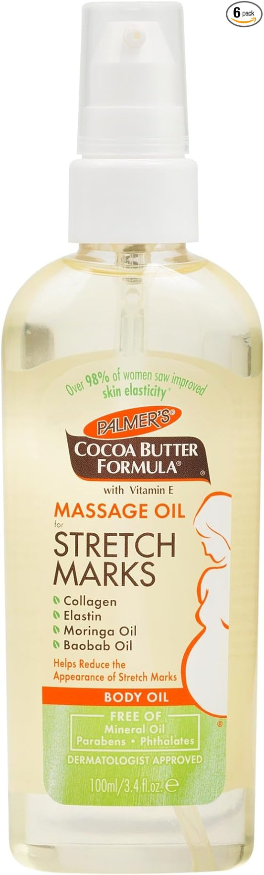 Palmer's Cocoa Butter Formula Massage Oil for Stretch Marks and Pregnancy Skincare, 3.4 Ounces (Pack of 6)