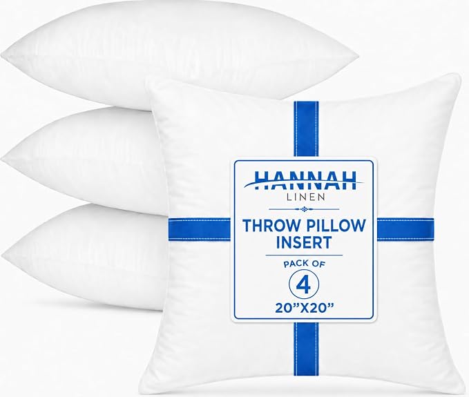 Hannah Linen Throw Pillow Inserts 20x20 – 4 Pack Square Cushion | Square Decorative Cushion Stuffers for Couch, Sofa & Bed – Soft Fluffy Polyester Filled Pillow Inserts for Indoor Home Décor