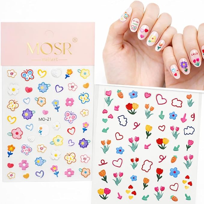 3D Embossed Korean Style Spring Bloom Nail Art Stickers, Flowers, Butterflies, Bunnies, Rainbow, Hearts, Self-Adhesive, Easy DIY for Everyday Outfit. (Bunny+Daisy) 2-Pack