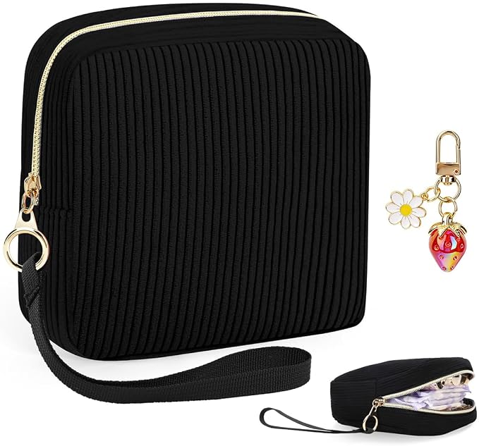 Corduroy Period Pouch with Strawberry Charm Discreet Sanitary Napkin Storage Bag Cute Menstrual Pad Pouch Tampon Bag for Purse Wristlet Makeup Bags Black