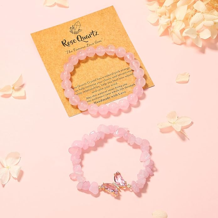 DUQGUHO 2Pcs Butterfly Bracelets for Women Healing Crystals Bracelets for Women Natural Gemstone Bead Bracelet Cute Butterfly Charm Bracelet Stretch 8mm Crystal Jewelry Gifts for Women