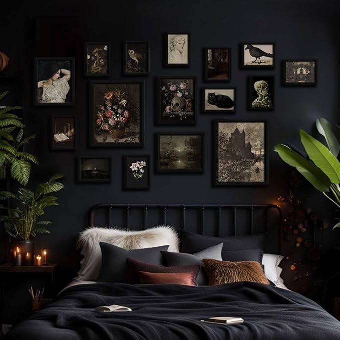 16 PCS Framed Dark Academia Room Decor, Gothic Home Decor, Moody Wall Art Prints for Bedroom, Gallery Wall Frame Set, Witchy Posters for Living Room Aesthetic, Halloween Dorm Collage Kit
