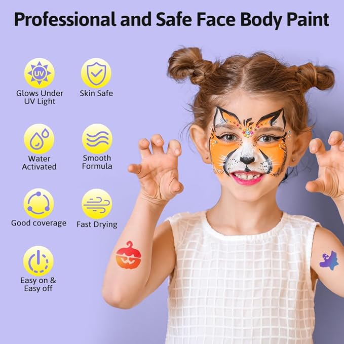 Janolia Rainbow Face Paint Kit - UV Fluorescent Split Cake, Water Activated Body Paint for Kids' Halloween, Carnival & Easter