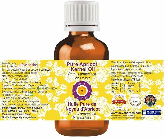 Deve Herbes Pure Apricot Kernel Oil (Prunus armeniaca) Cold Pressed (Pack of Five) 100ml X 5 (16.9 oz)