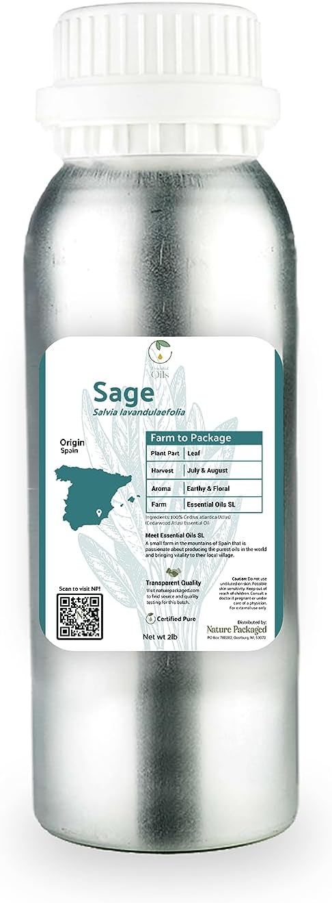 Sage Essential Oil - Direct from Essential Oils SL Spain - Steam Distilled - Aceite Esencial de Salvia for Aromatherapy, Massage, Diffuser, DIY Candle and Soap Making - 2lbs